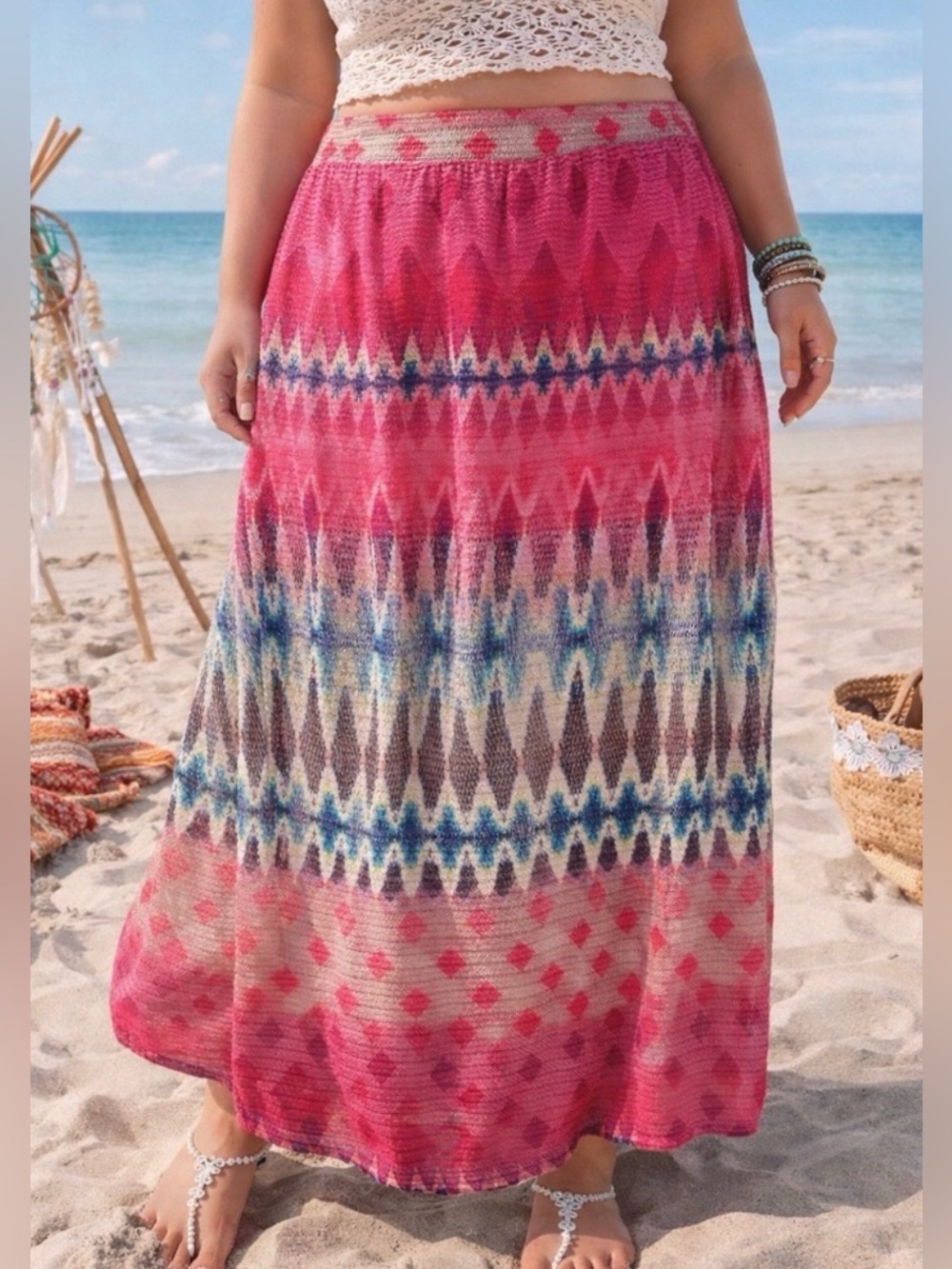 Cato Woman Plus Size Boho Aztec Maxi Skirt Pink Teal Festival 18/20W